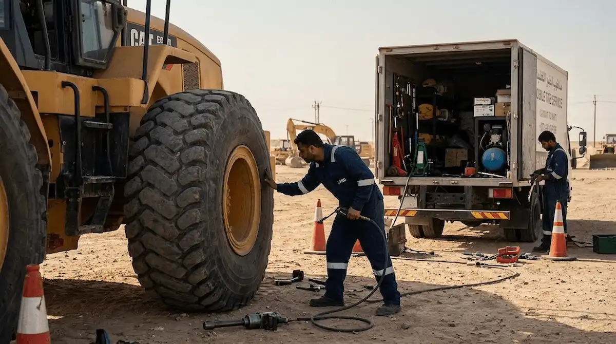 فحص وصيانة إطار لودر في موقع عمل