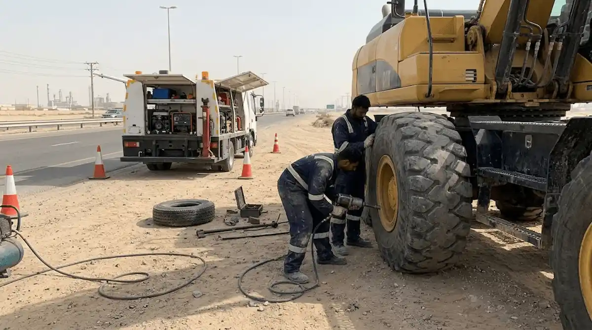 تبديل إطار حفار ثقيل على جانب الطريق