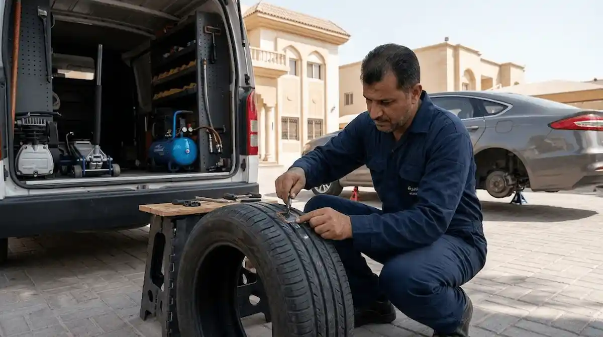خدمة رقعة وتصليح تاير عند البيت في الكويت