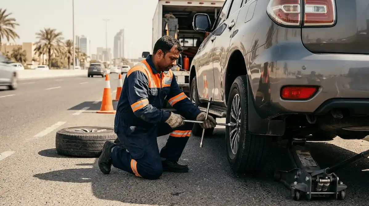 خدمة تبديل وتركيب التاير الاحتياطي على الطريق